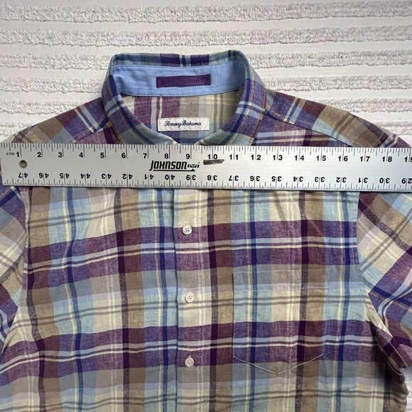 Tommy Bahama Button Up Shirt Mens Medium Purple Plaid Short Sleeve Linen Blend - Picture 5 of 7